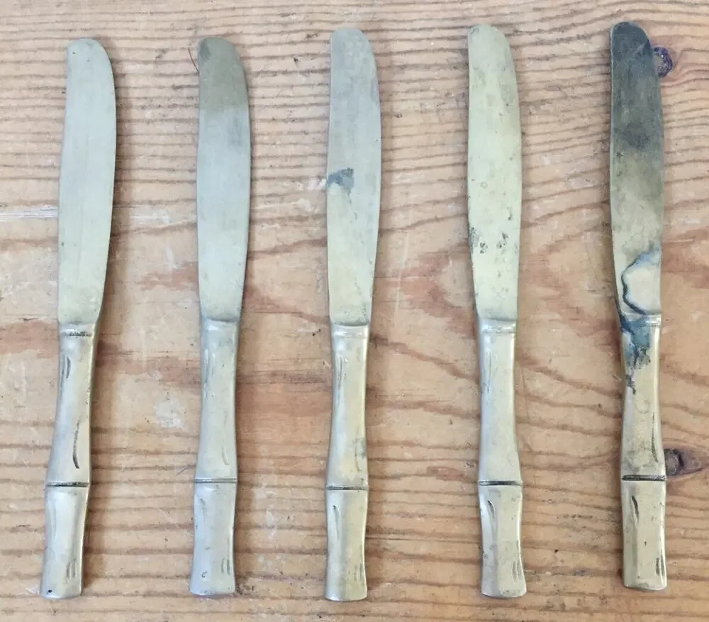 Set 5 Vtg Goldtone Brass Stainless Bamboo Asian Style Cocktail Small Knives 5